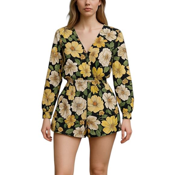 Forever21 Black Yellow Multi Long Sleeve Floral Short Romper Size 1X - Picture 1 of 12